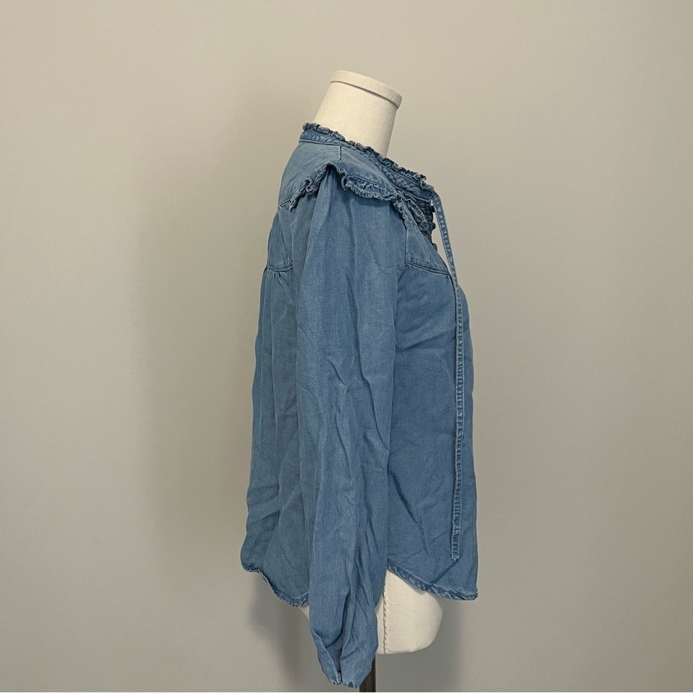 Anthropologie Maeve Chambray Ruffle Long Sleeve Top - Picture 10 of 15